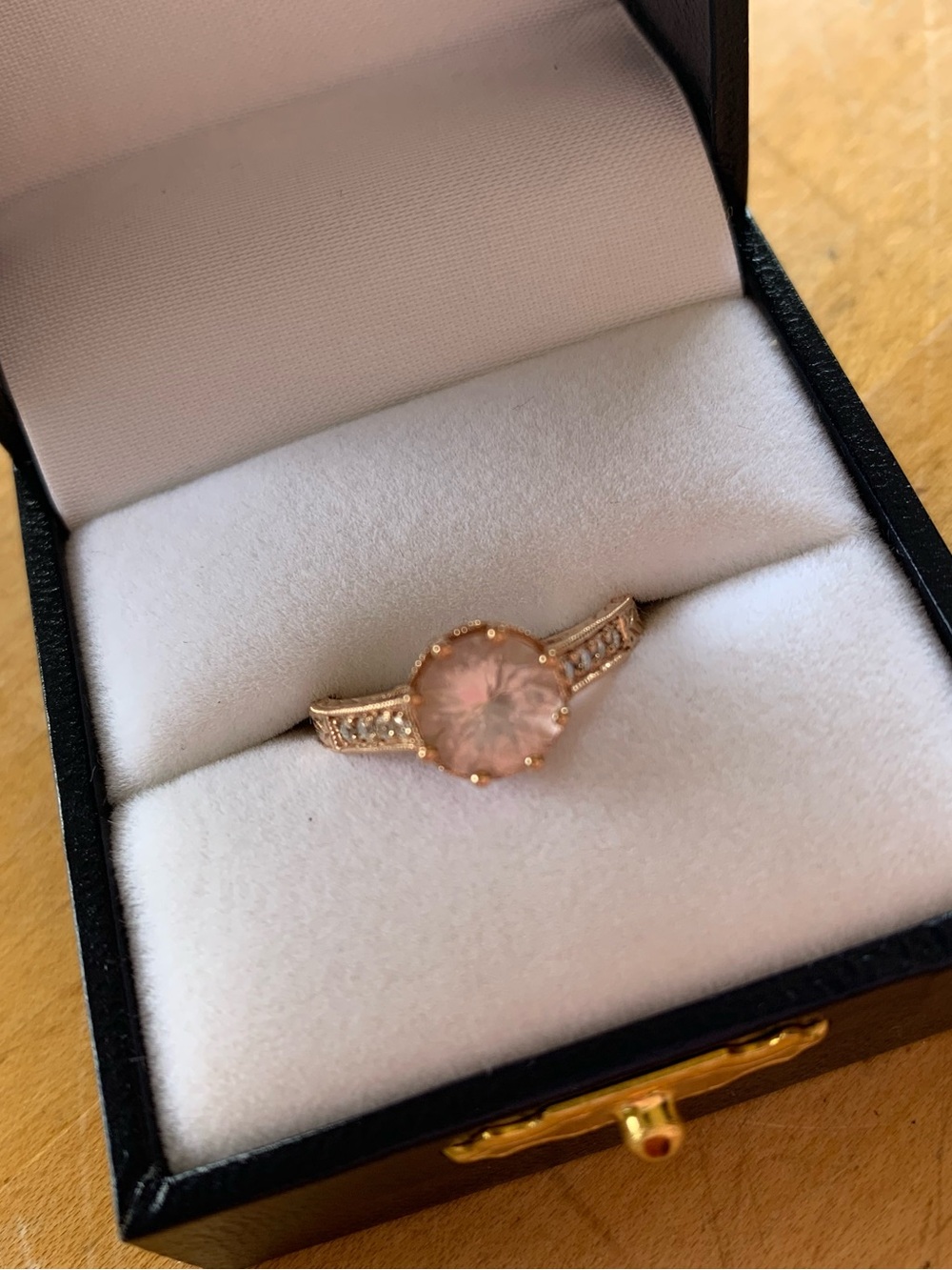1.20 carat Rose Gold Morganite art deco Royal crown engagement engraved 14 carat